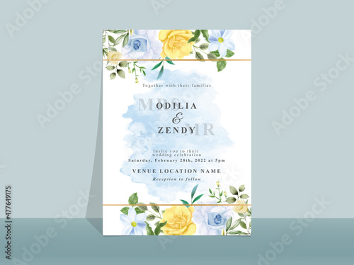 Wedding invitation card with beautiful blue and yellow flowers