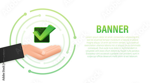 Check mark hanging over hands. Green approved star sticker on white background. Vector stock illustration.