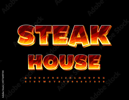 Vector creative banner Steak House with elite flaming Font. Fire pattern Alphabet Letters and Numbers set