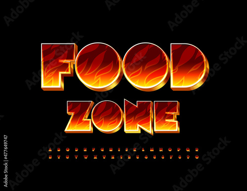 Vector creative Sign Food Zone. Flaming Font. Fire pattern Alphabet Letters and Numbers