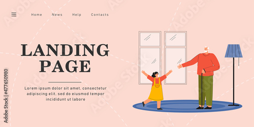 Grandfather welcoming his granddaughter. Flat vector illustration. Little girl running into arms of her grandpa, standing in middle of living room. Family, childhood, home, love concept
