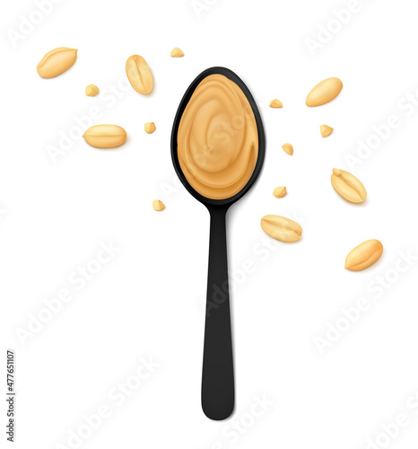 Peanut butter in a black spoon, scattered peeled groundnut kernels and crumbs isolated on white background. Top view. Realistic vector illustration.