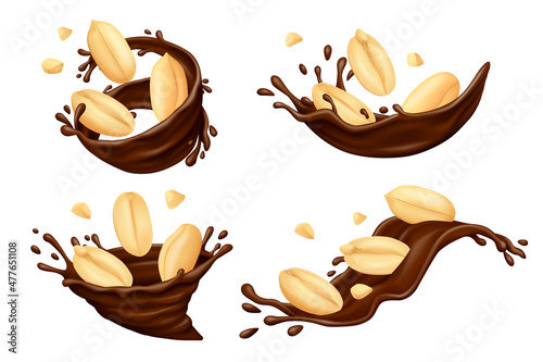 Shelled peanut kernels with crumbs in chocolate splashes isolated on white background. Realistic vector illustration.