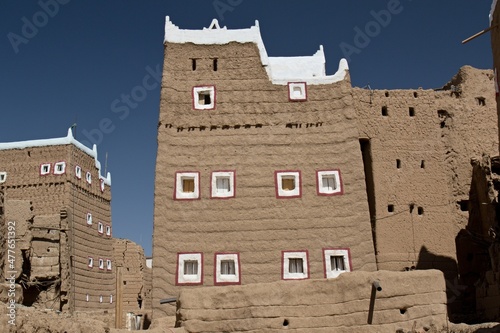 The traditional old village of Dhahran Al Janub is built entirely of unfired bricks. Today the village is uninhabited. Saudi Arabia.