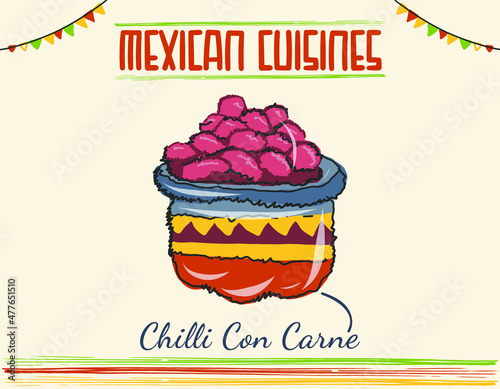 Chili con carne in bowl with spoon - Mexican traditional food. an Mexican isolated dish colored vector doodle.