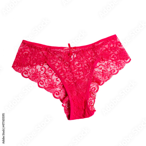 Red women's lace panties. On a white, isolated background.