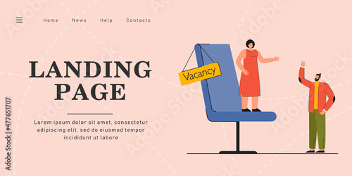 People holding, applying for one position. Flat vector illustration. Tiny woman transferring authority, man standing near giant chair, symbolizing vacant position. Vacancy, job, sourcing concept