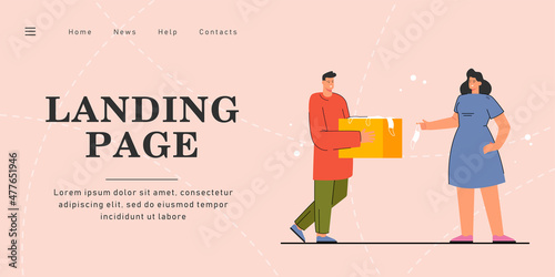 Man and woman with protective medical masks. Flat vector illustration. Man holding box full of masks and girl taking one of them. Protection, health, disease, COVID19, coronavirus concept for design