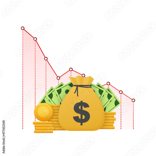 Money loss. Cash with down arrow stocks graph, concept of financial crisis, market fall, bankruptcy. Vector stock illustration.