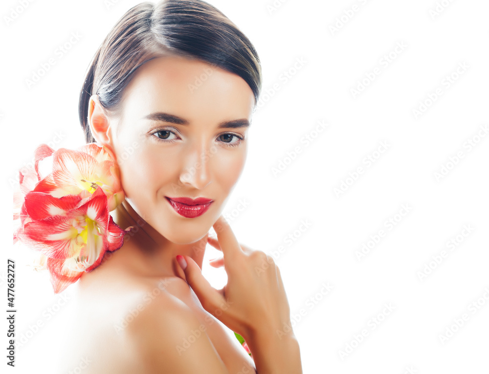 young pretty brunette real woman with red flower amaryllis isolated on white background close up young pretty brunette real woman with red flower amaryllis isolated on white background close up