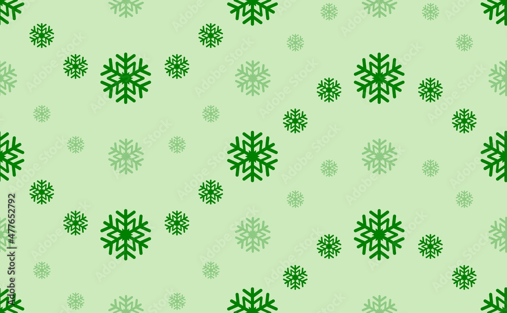 Seamless pattern of large and small green snowflake symbols. The elements are arranged in a wavy. Vector illustration on light green background