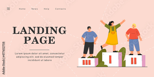Children winning prizes and standing on podium. Flat vector illustration. Girls taking first and second places, and boy took third place in competition. Sport, victory, concurrence, rewarding concept