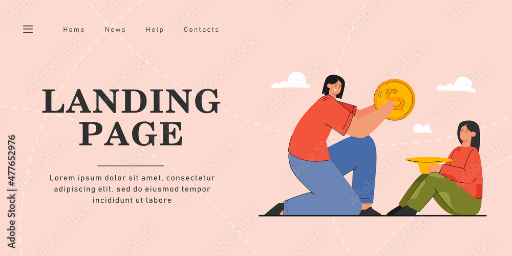 Woman donating money to poor girl. Flat vector illustration. Female character putting giant gold coin in hat that little girl holding. Charity, donation, money concept for banner design, landing page