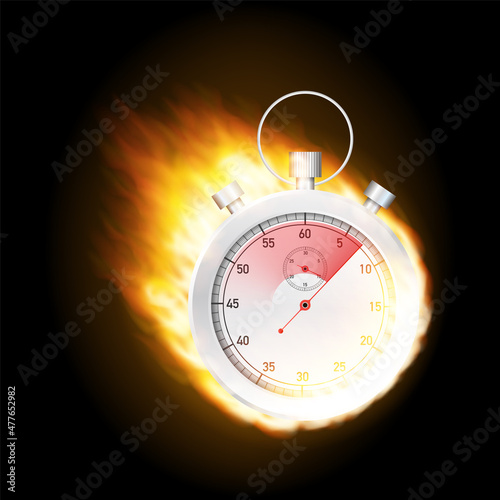 Stopwatch concept - faster sign with fire. Vector stock illustration.