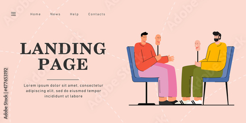 Two cartoon men taking off their masks, becoming sincere. Flat vector illustration. Men sitting opposite each other, holding face masks, hiding feelings. Dissimulation, honesty, disguise concept photo