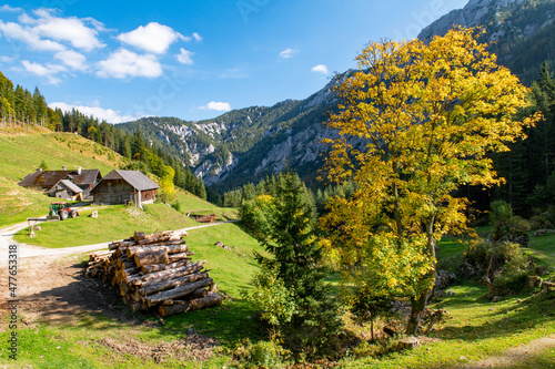 Panoramic view of Hochschwab mountain village Hainzleralm, Autumn vibes in mountain range Hochschwab, Styria, Austrian Alps, Austria, Europe. Remote place, with no people.  photo