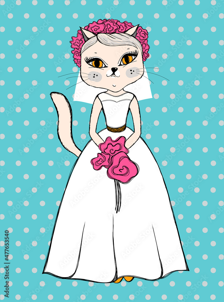 Funny wedding greeting card, invitation with cat bride. Vector illustration Funny wedding greeting card, invitation with cat bride. Vector illustration