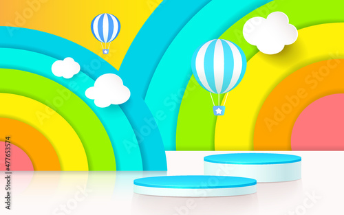 Abstract 3D cylinder pedestal podium with colorful wall scene and shadow. .Modern vector rendering geometric platform for product display presentation.
