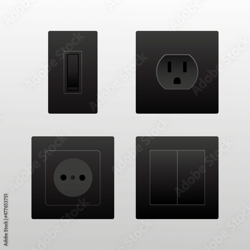 Black switchs and sockets set vector isolated on white background. Wall switch. Power electrical socket electricity turn of and on plug. Electrical plug electric, power electricity sockets. Vector