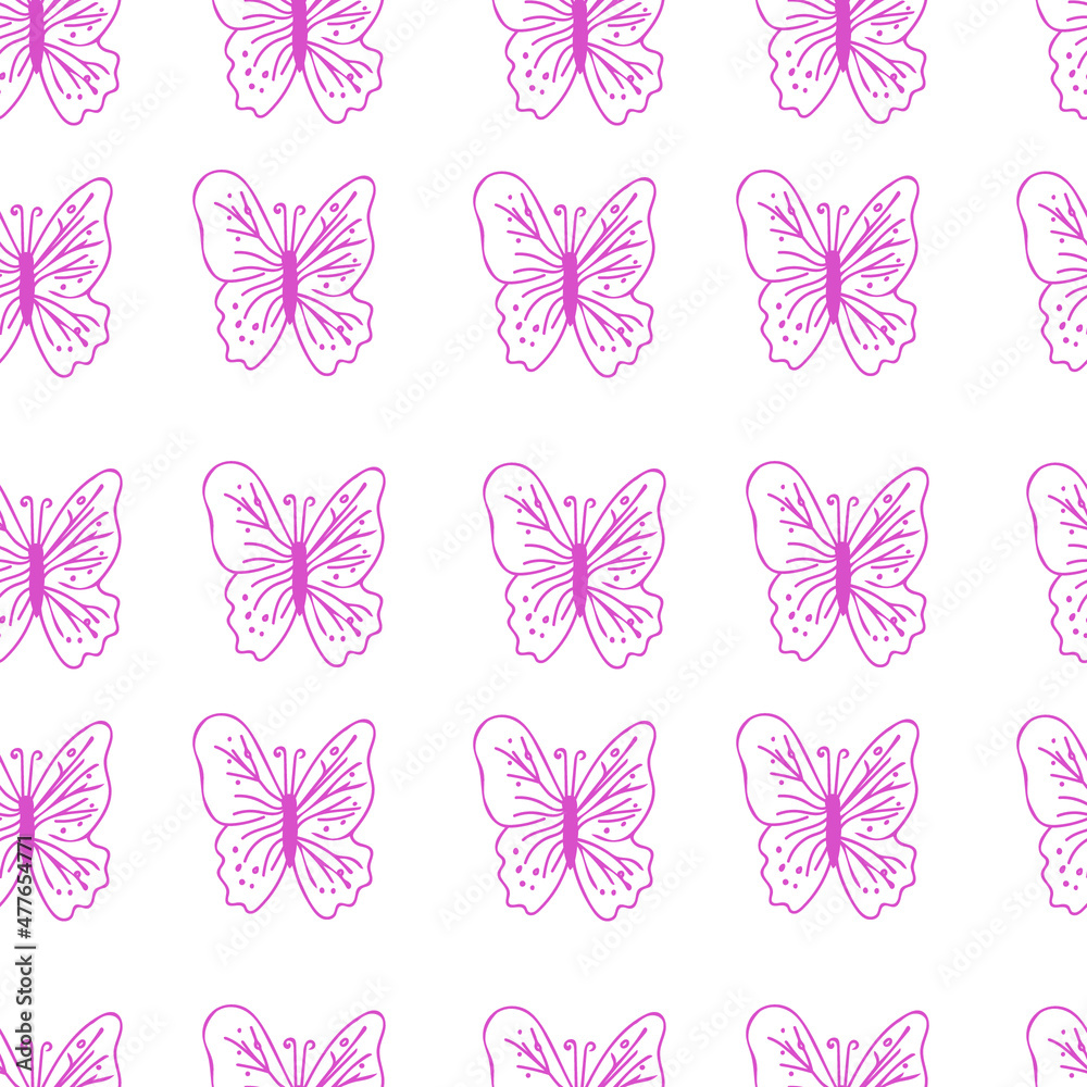 Naklejka Valentine's Day vector pattern with butterflies in pink color on white backgroud.Festive,love doodle style hand drawn . Designs in wrapping paper, textiles,scrapbook,packaging,wallpaper.