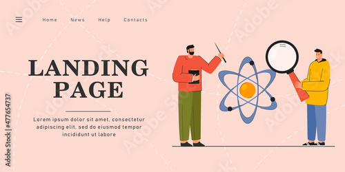 Student and teacher passionate about science. Flat vector illustration. Young man with giant magnifying glass, professor with pointer, atom model in background. Science, education, physics concept