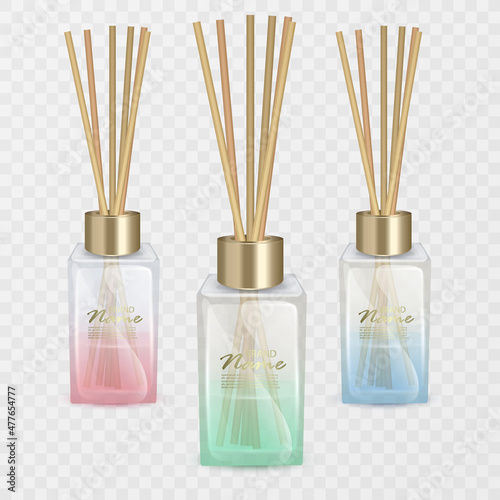 Aroma reed diffuser with wooden sticks. Home Fragrance. Vector illustration