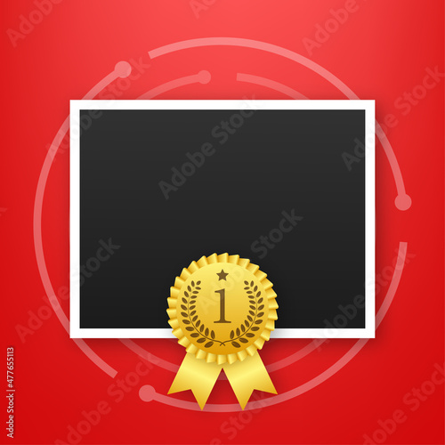 Trophy and frame realistic compostion. 3d photo award place for flyer design. Vector illustration.