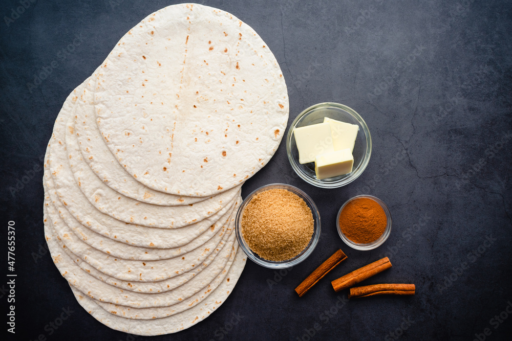 Overhead View of Cinnamon Sugar Tortilla Chips Ingredients Flour