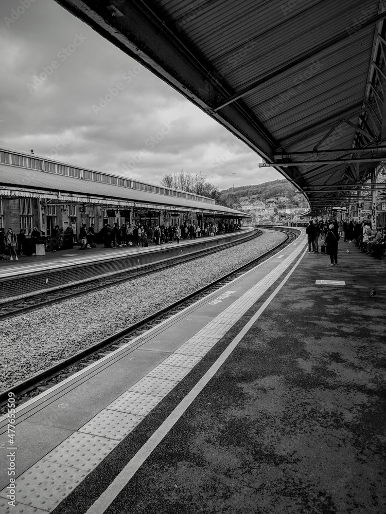 Early morning train platform in black and white 