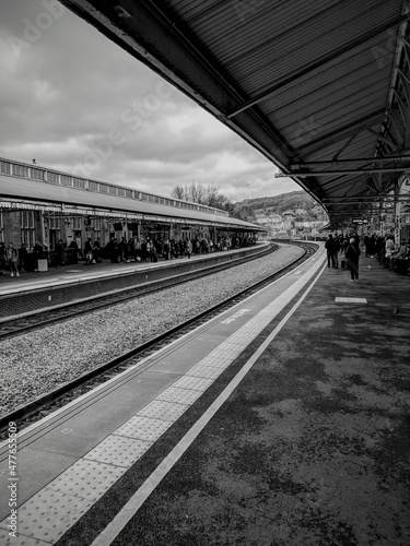 Early morning train platform in black and white 