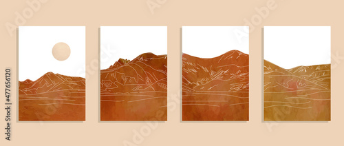 mountain landscape with sun, wall art earth tones landscapes vector backgrounds set