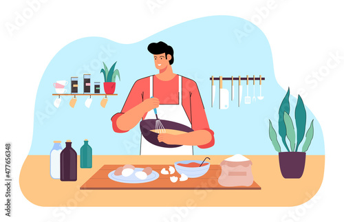 Male chef mixing flour and eggs for dough with whisk in hands. Happy man in apron preparing homemade sweet dessert at table of home kitchen flat vector illustration. Pastry, cooking recipe concept