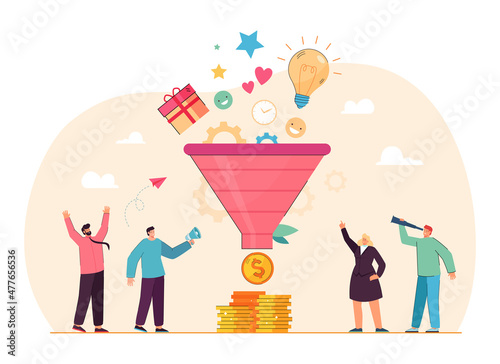 Managers and generation of sales by marketing funnel. Tiny people working on conversion of digital data and ideas into money flat vector illustration. Advertising in social media, SEO service concept