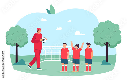Soccer coach training team of young players on green field. Man and group of children standing with ball near football goal flat vector illustration. School, sport, soccer league for students concept