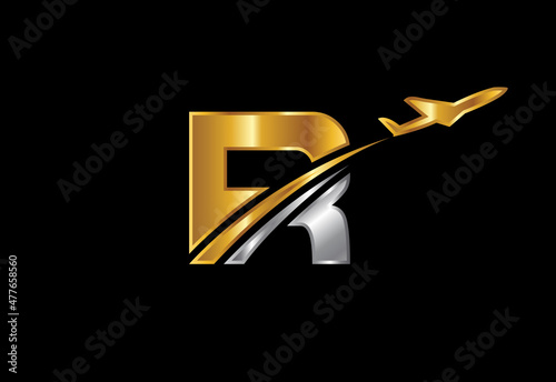 Initial letter R with airplane Logo Design. Airline, airplane, aviation, travel logo template.