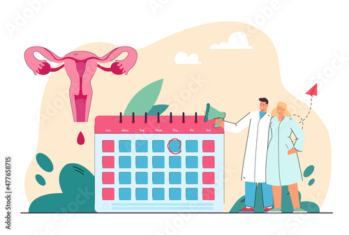 Tiny doctors with megaphone near calendar and uterus. Menstruation calendar and womans reproductive health flat vector illustration. Healthcare concept for banner, website design or landing web page