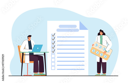 Tiny medical workers with checklist in background. Doctors running medication test using to-do list flat vector illustration. Healthcare concept for banner, website design or landing web page