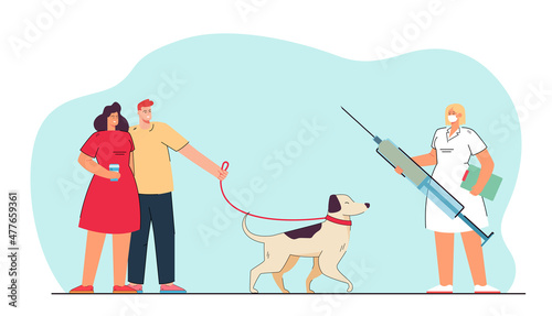 Tiny dog owners having appointment with vet. Veterinarian holding medical syringe for pet vaccination flat vector illustration. Pet care concept for banner, website design or landing web page