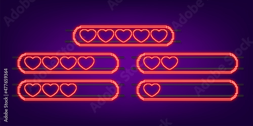 Pixel game life bar. Neon. Vintage vector set. Vector background. Heart icon set. Digital background.