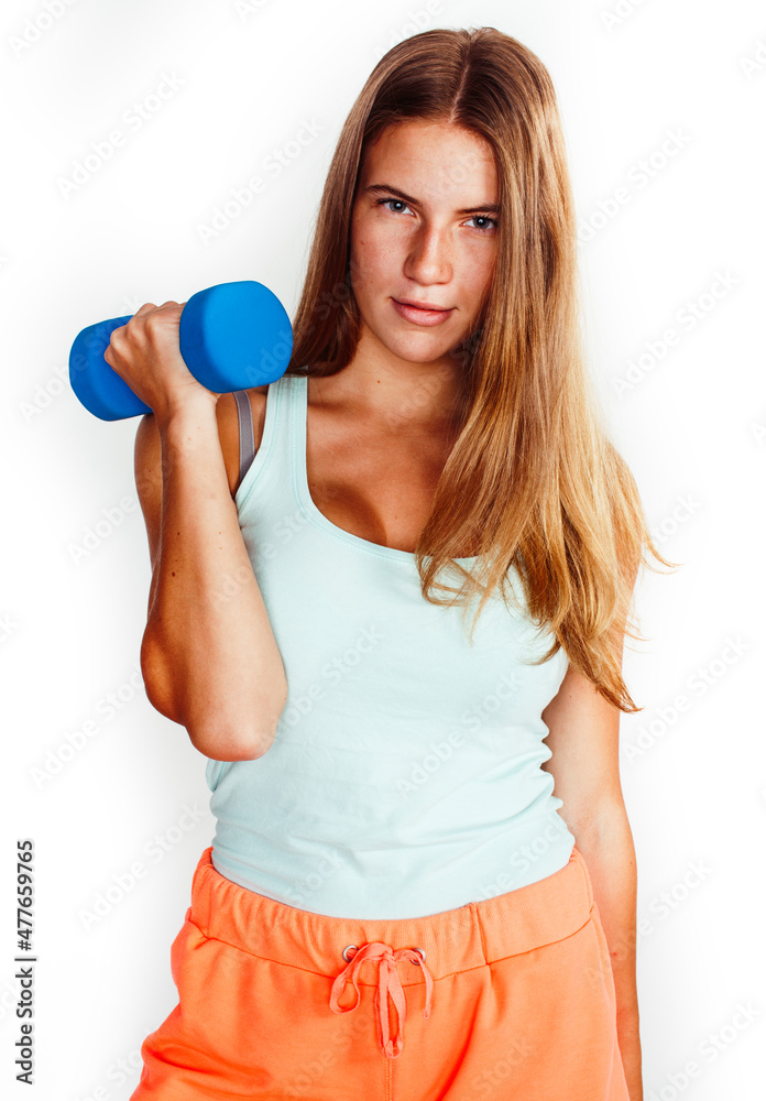 young pretty slim blond woman with dumbbell isolated cheerful smiling, measuring herself, diet people concept on white background young pretty slim blond woman with dumbbell isolated cheerful smiling, measuring herself, diet people concept on white background