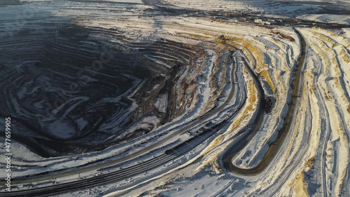 huge iron ore quarry iron ore mining aerial video filming drone top view flight over.