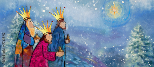  Background with three wise men and star of Bethlehem. Watercolor christian banner