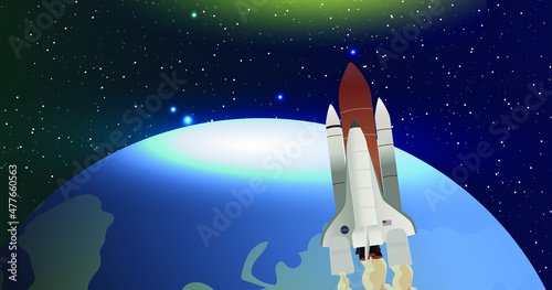 Space Shuttle Columbia. Rocket above the Planet Earth. The elements of this illustration furnished by NASA. Vector illustration