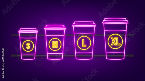 Flat template with size coffee cups on white background for paper design. Mockup template. Flat line vector illustration.