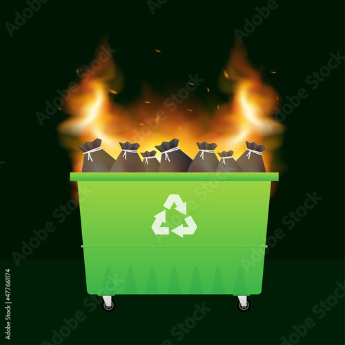 Cartoon illustration with burning garbage. Vector cartoon illustration. Fire, flame.