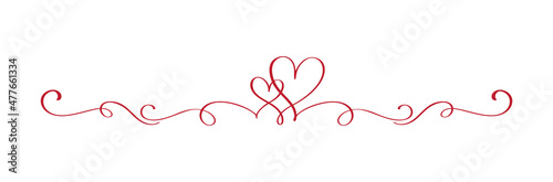 Red Vintage Flourish Vector divider Valentines Day Hand Drawn Black Calligraphic two Heart. Calligraphy Holiday illustration. Design valentine element. Icon love decor for web, wedding