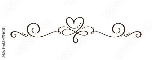 Vintage Flourish Vector divider Valentines Day Hand Drawn Black Calligraphic Heart. Calligraphy Holiday illustration. Design valentine element. Icon love decor for web, wedding