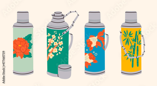 Vintage vacuum bottles. Thermos with aluminum cover and handle. Chinese retro thermo flask. Different patterns on side: flowers, gold fish, bloom, bamboo. Hand drawn Vector illustration. Cartoon style