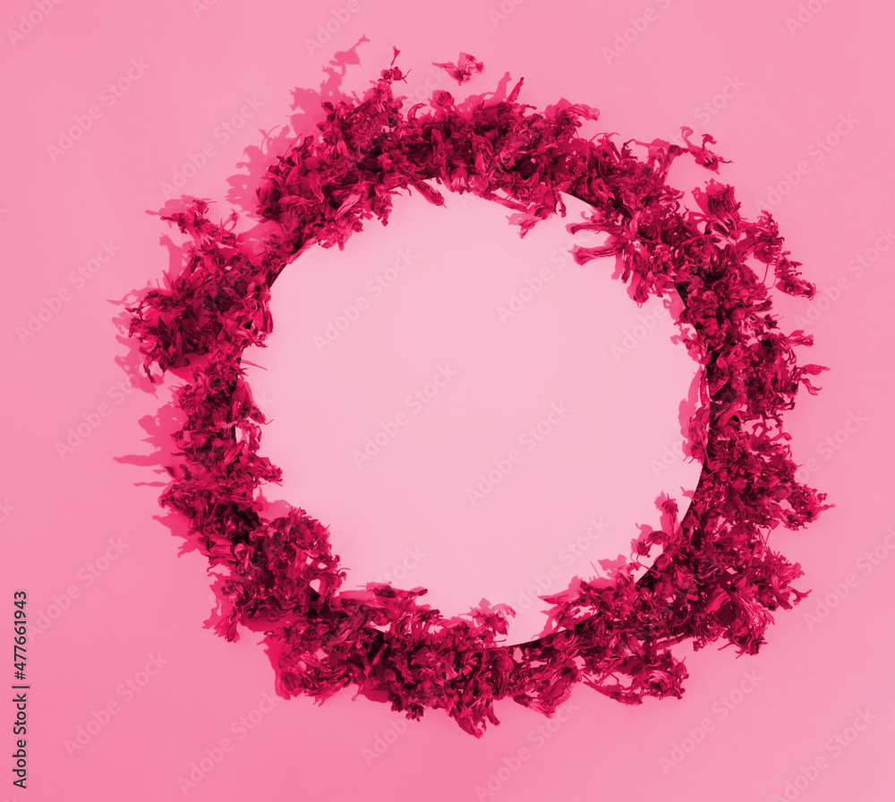 A delicate wreath made of dried mallow blooms neatly arranged in a circle on a purplish red background. Minimalist concept of love and appreciation. Copy space. Flat lay. Floral frame. Natural design. A delicate wreath made of dried mallow blooms neatly arranged in a circle on a purplish red background. Minimalist concept of love and appreciation. Copy space. Flat lay. Floral frame. Natural design.