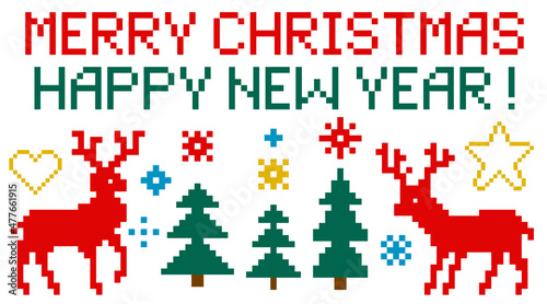 Christmas pixel art. Deer  Christmas trees  snowflakes  stars and a heart. New Year design elements for backgrounds  cards and patterns.
